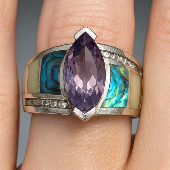 Sterling Silver 925 Marquis Amethyst Abalone Inlay Whitney Kelly Ring EC 9 #331 - Picture 3 of 12